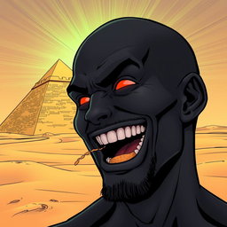 A comic-style illustration of a man completely black in color, bald, with a wide-open toothy grin and glowing red eyes