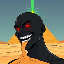A comic-style illustration of a man completely black in color, bald, with a wide-open toothy grin and glowing red eyes