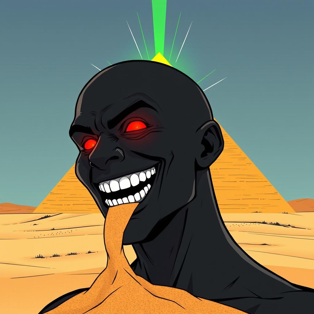 A comic-style illustration of a man completely black in color, bald, with a wide-open toothy grin and glowing red eyes