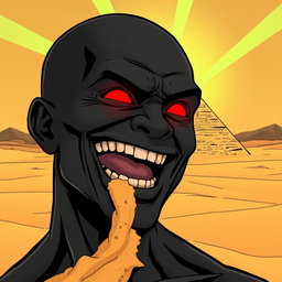 A comic-style illustration of a man completely black in color, bald, with a wide-open toothy grin and glowing red eyes