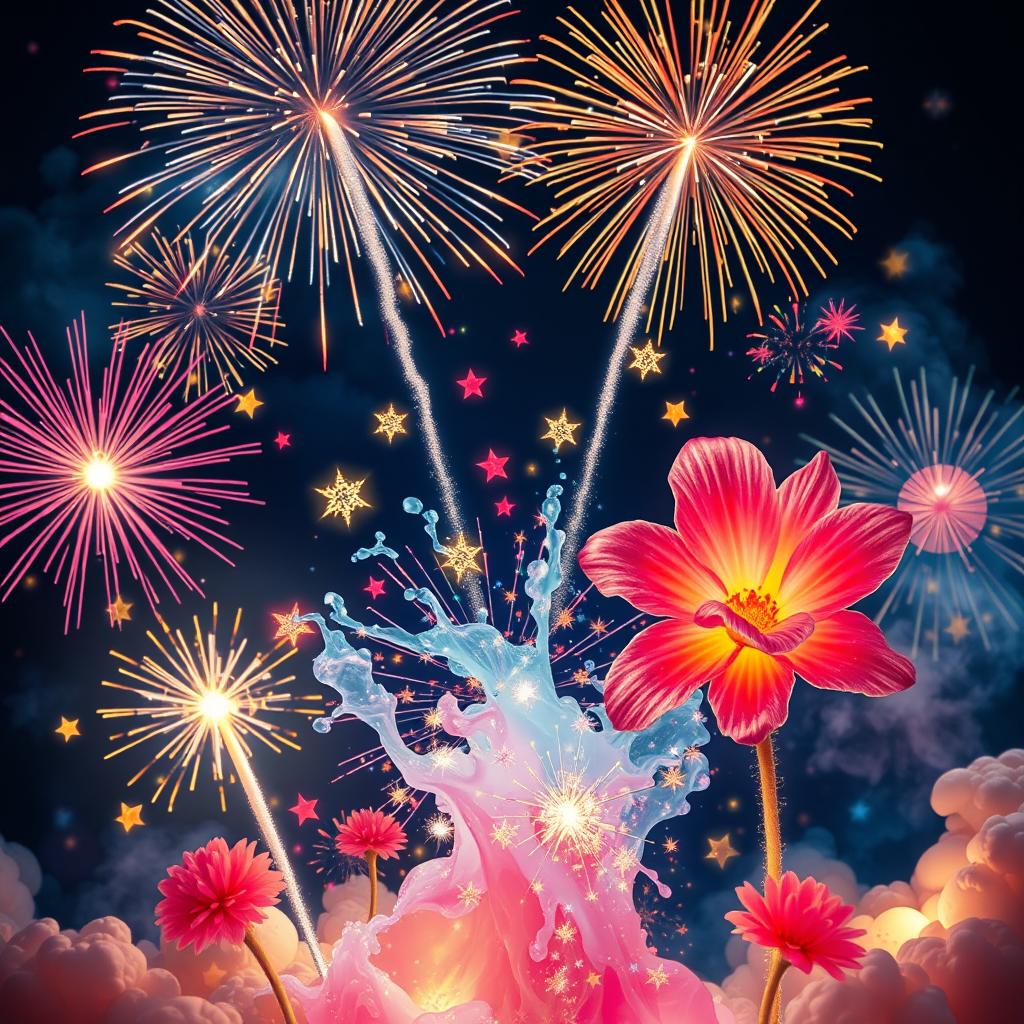 A surrealist interpretation of a firework, blending dreamlike elements with vivid colors and unexpected forms