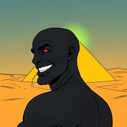 A comic-style illustration focusing primarily on a yellow pyramid set against a desert backdrop, with subtle green rays of light gently emanating from its peak