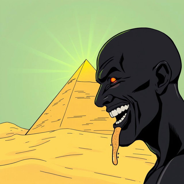 A comic-style illustration focusing primarily on a yellow pyramid set against a desert backdrop, with subtle green rays of light gently emanating from its peak