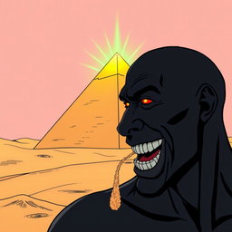 A comic-style illustration focusing primarily on a yellow pyramid set against a desert backdrop, with subtle green rays of light gently emanating from its peak