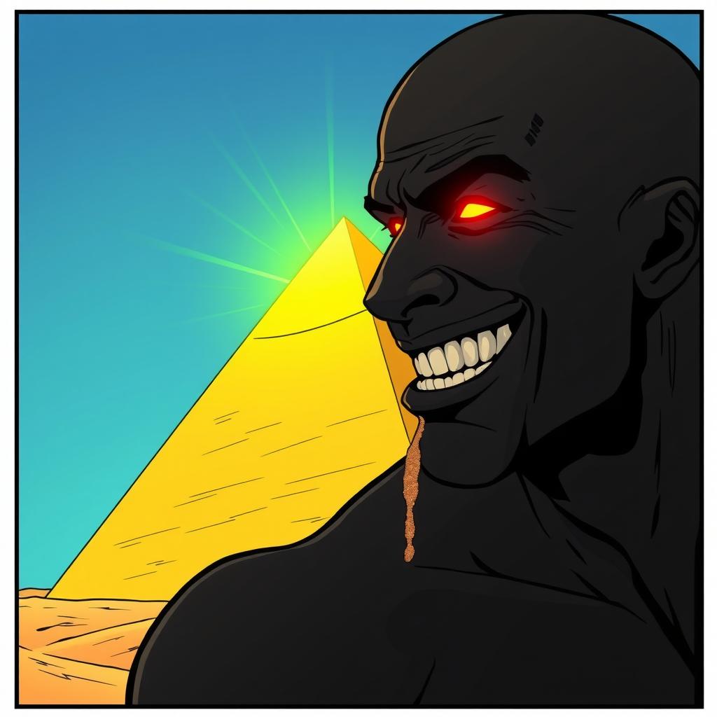A comic-style illustration focusing primarily on a yellow pyramid set against a desert backdrop, with subtle green rays of light gently emanating from its peak
