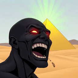 A comic-style illustration depicting a man completely black in color, bald, with glowing red eyes, and a wide-open toothy grin