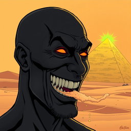A comic-style illustration depicting a man completely black in color, bald, with glowing red eyes, and a wide-open toothy grin