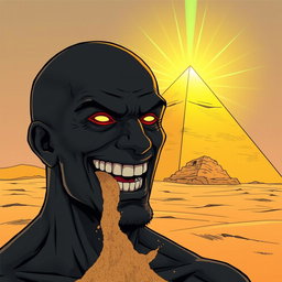A comic-style illustration depicting a man completely black in color, bald, with glowing red eyes, and a wide-open toothy grin