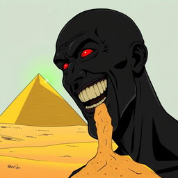 A comic-style illustration depicting a man completely black in color, bald, with glowing red eyes, and a wide-open toothy grin