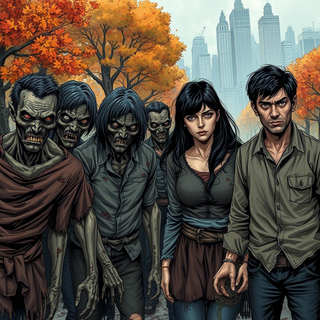 In a post-apocalyptic setting, on the right side of the image, a family of three is depicted: a father, mother, and a boy, all with black hair and dressed in tattered, old clothes