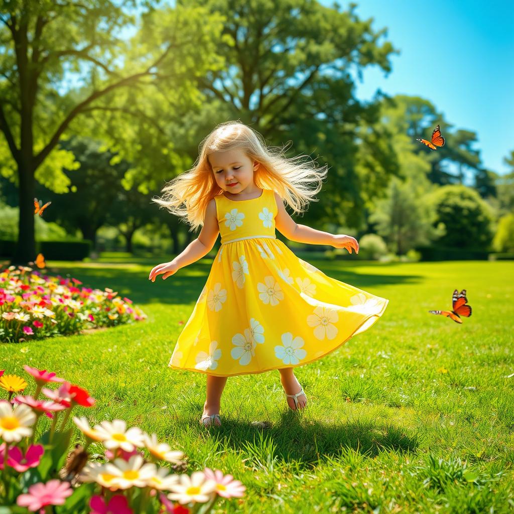 A bright and cheerful scene featuring a young blonde girl playing in a sunny park