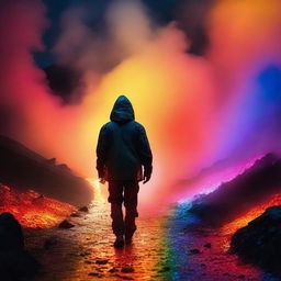 A bold individual trudging over a vibrant rainbow-colored path of hot coals, illuminating the surrounding with ethereal glow.