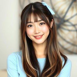 A beautiful Korean woman with long brown hair tied with a light blue hair tie, featuring some strands of light blonde