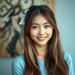 A beautiful Korean woman with long brown hair tied with a light blue hair tie, featuring some strands of light blonde