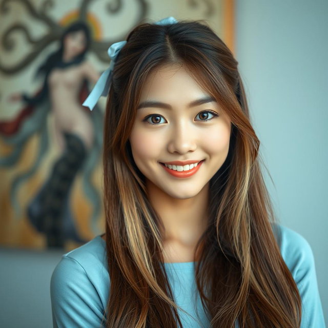 A beautiful Korean woman with long brown hair tied with a light blue hair tie, featuring some strands of light blonde