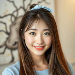 A beautiful Korean woman with long brown hair tied with a light blue hair tie, featuring some strands of light blonde