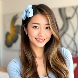 A beautiful Korean woman with long brown hair tied with a light blue rubber band, featuring some strands of light blonde