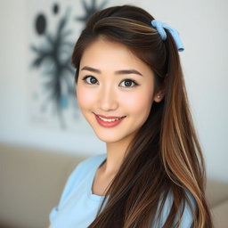 A beautiful Korean woman with long brown hair tied with a light blue rubber band, featuring some strands of light blonde