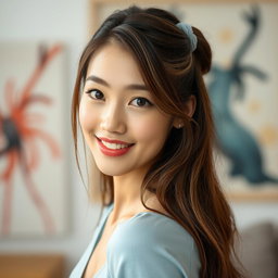A beautiful Korean woman with long brown hair tied with a light blue rubber band, featuring some strands of light blonde