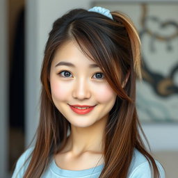 A beautiful Korean woman with long brown hair tied with a light blue rubber band, featuring some strands of light blonde
