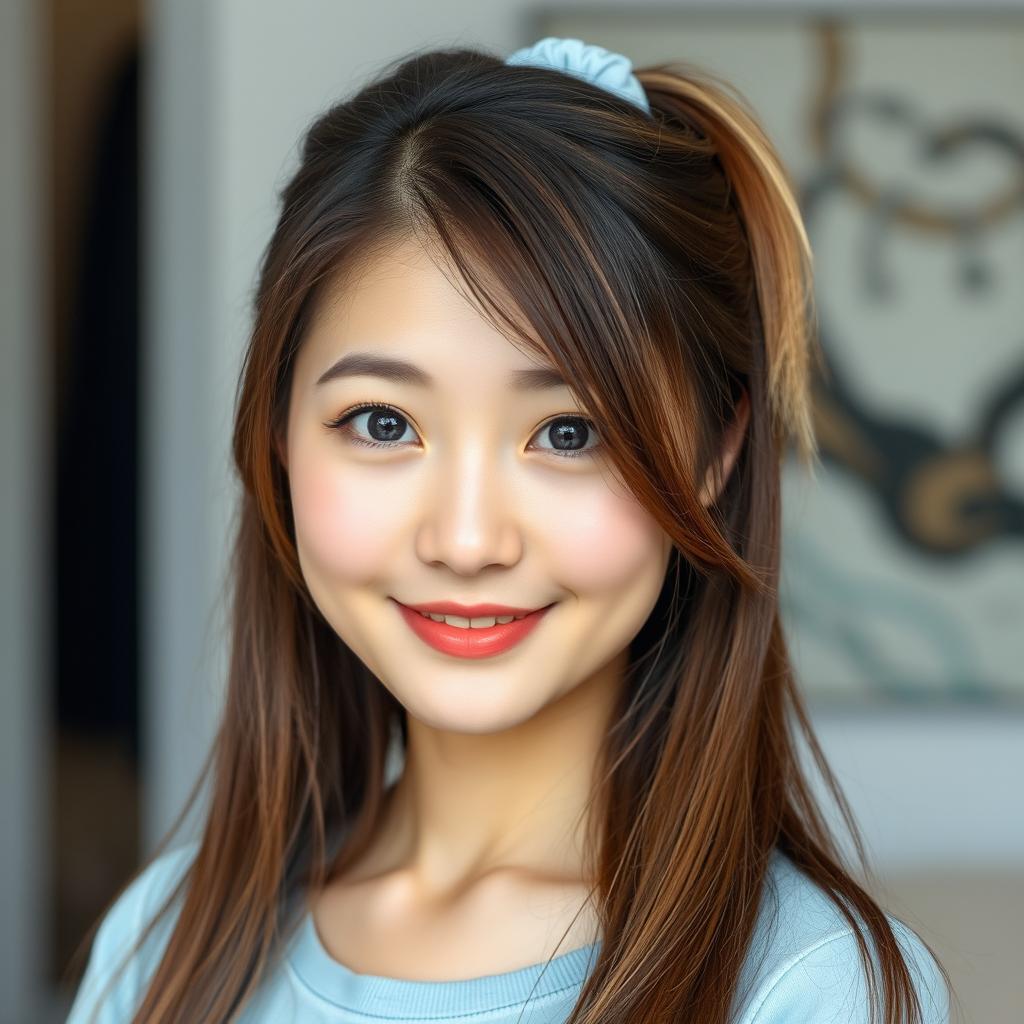 A beautiful Korean woman with long brown hair tied with a light blue rubber band, featuring some strands of light blonde