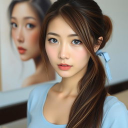 A beautiful Korean woman with long brown hair tied back with a light blue rubber band, featuring some strands of light blonde