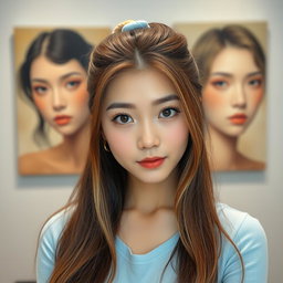 A beautiful Korean woman with long brown hair tied back with a light blue rubber band, featuring some strands of light blonde