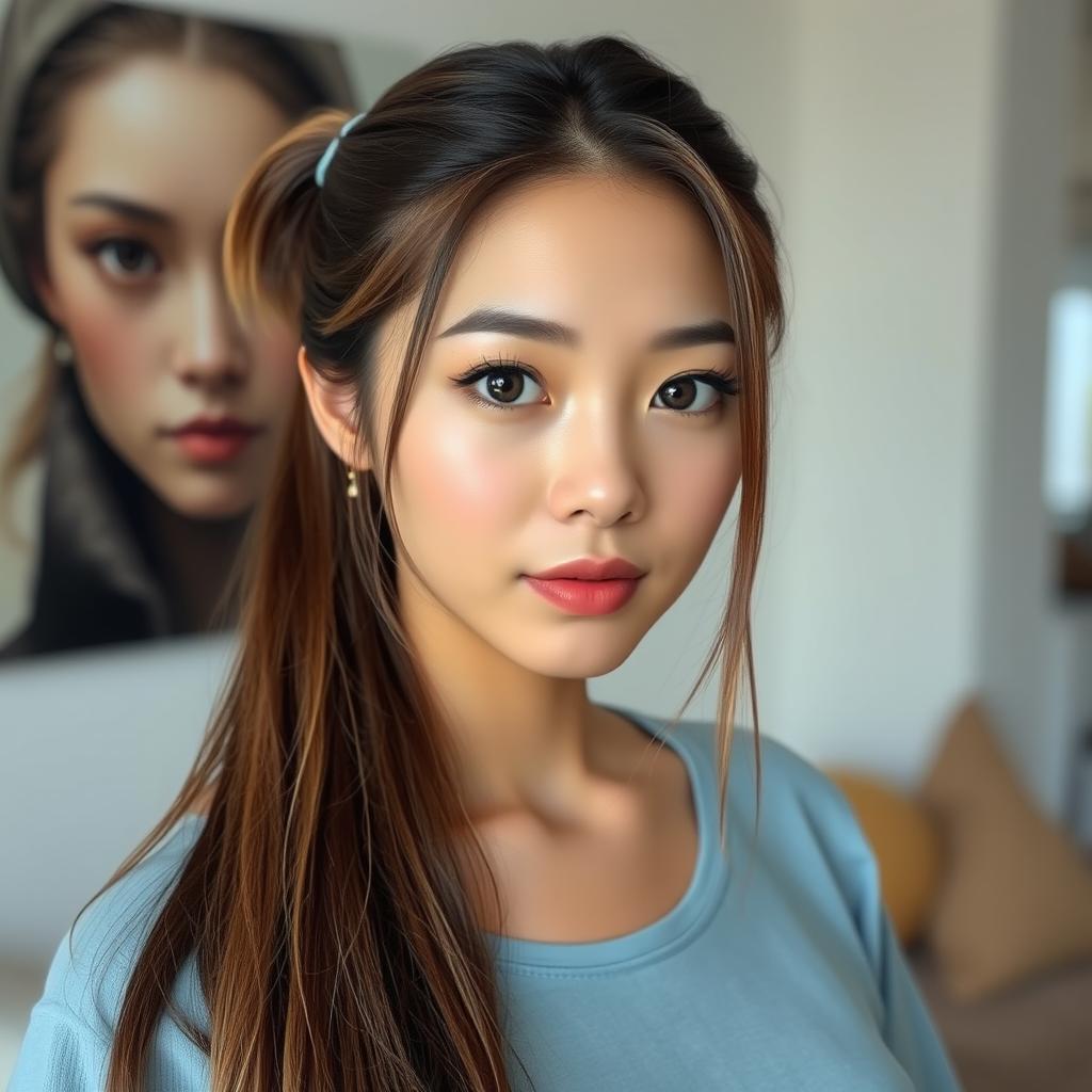 A beautiful Korean woman with long brown hair tied back with a light blue rubber band, featuring some strands of light blonde
