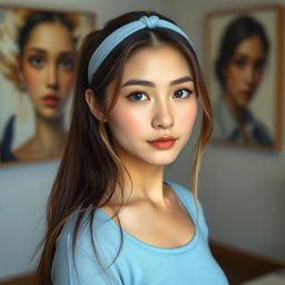 A beautiful Korean woman with long brown hair tied back with a light blue rubber band, featuring some strands of light blonde