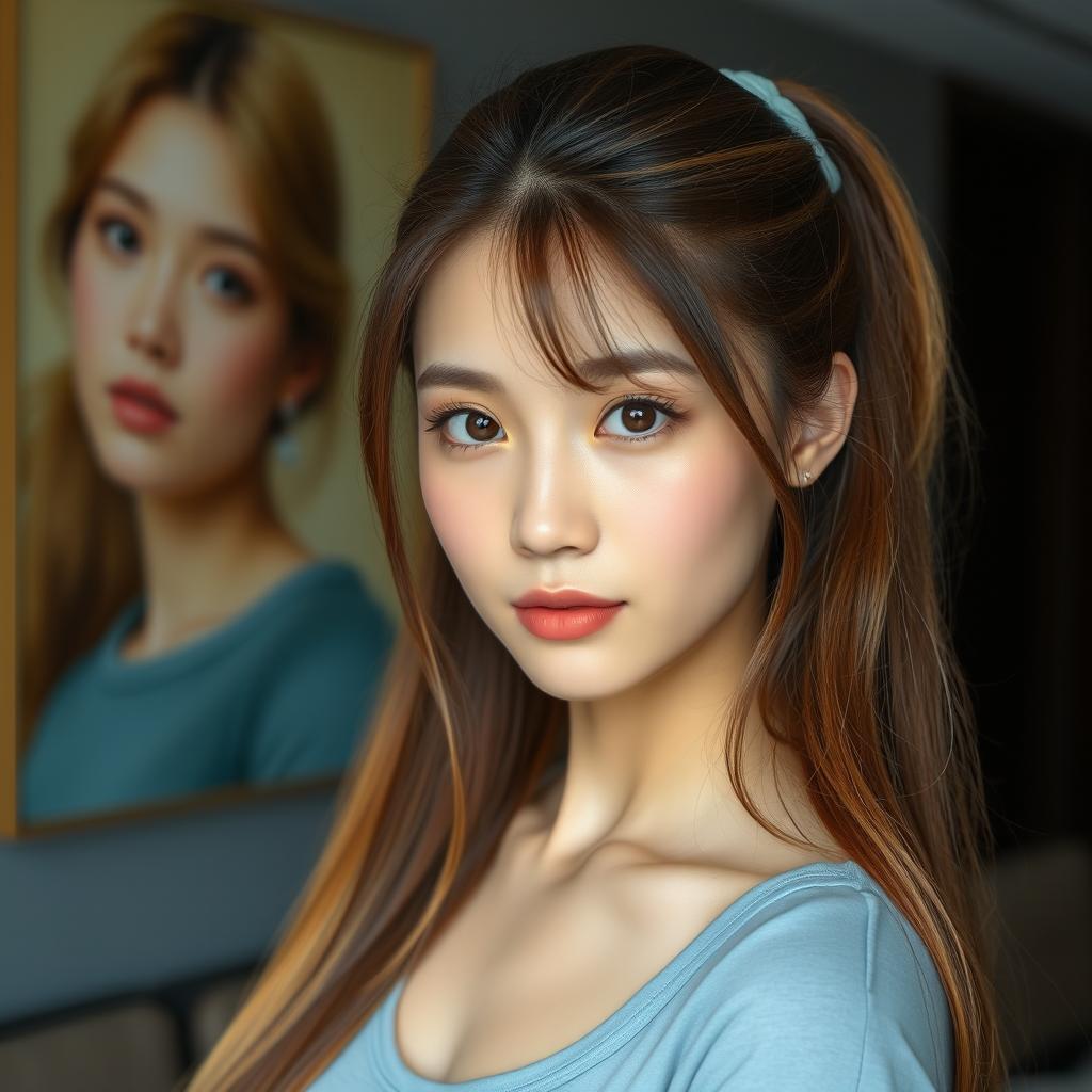 A beautiful Korean woman with long brown hair tied back with a light blue rubber band