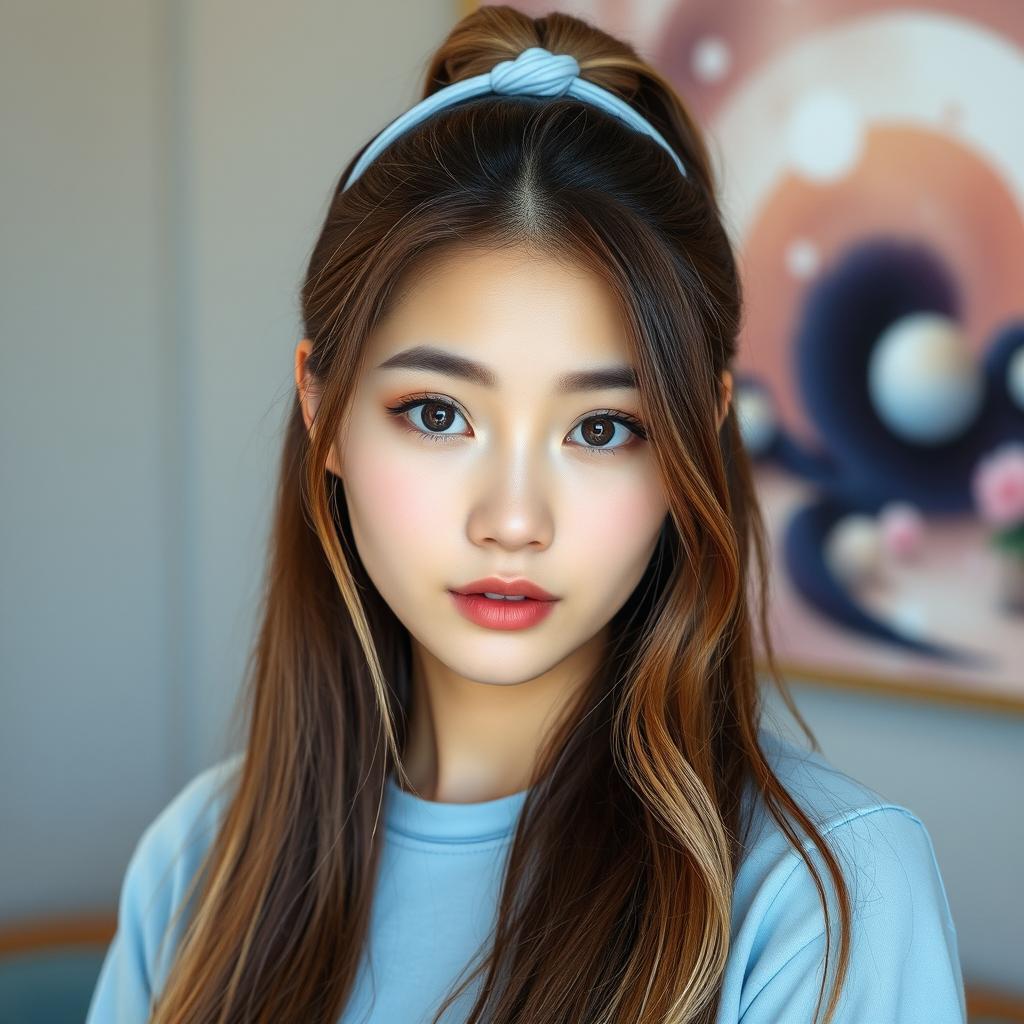 A beautiful Korean woman with long brown hair tied up with a light blue rubber band, featuring strands of light blonde hair