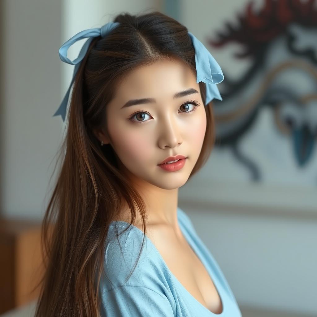 A beautiful Korean woman with long brown hair tied with a light blue hair tie, featuring several light blonde strands