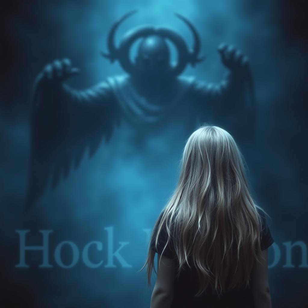 A mystical scene featuring a girl with long, light-colored hair, positioned in the foreground looking back toward a subtly noticeable large order in the background