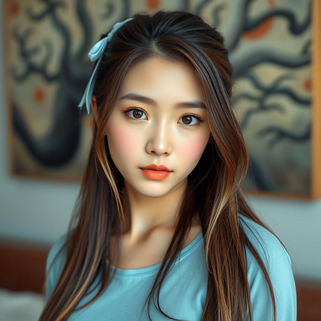 A beautiful Korean woman with long brown hair tied back with a light blue hair tie, featuring some strands of light blonde