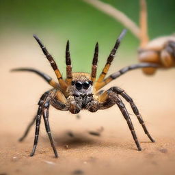 A dramatic scene of a spider in harsh combat against an ant. Both sides display power and agility