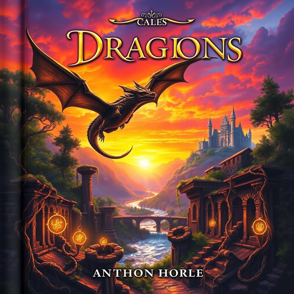 A fantasy book cover featuring a majestic dragon flying over a mystical forest at sunset, with vibrant colors of orange, purple, and gold in the sky