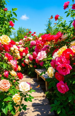 A vibrant garden filled with blooming roses in various colors like red, pink, white, and yellow