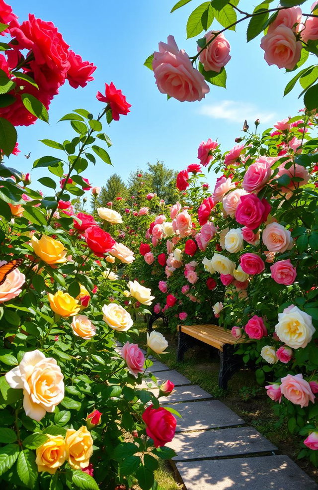 A vibrant garden filled with blooming roses in various colors like red, pink, white, and yellow