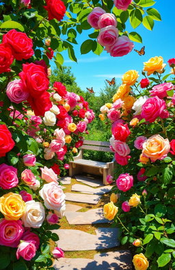 A vibrant garden filled with blooming roses in various colors like red, pink, white, and yellow