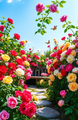 A vibrant garden filled with blooming roses in various colors like red, pink, white, and yellow