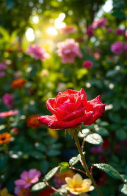 A single rose flower blooming in a vibrant garden, surrounded by lush green foliage and colorful blossoms