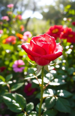 A single rose flower blooming in a vibrant garden, surrounded by lush green foliage and colorful blossoms