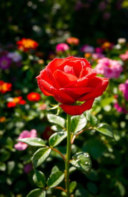 A single rose flower blooming in a vibrant garden, surrounded by lush green foliage and colorful blossoms