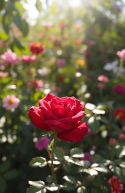 A single rose flower blooming in a vibrant garden, surrounded by lush green foliage and colorful blossoms