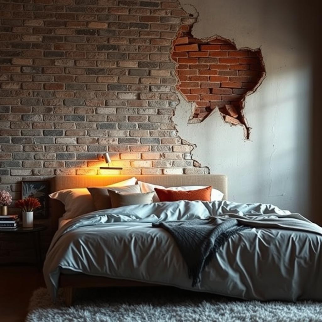 A bedroom scene featuring a bed with stylish bedding, where the wall to the right above the bed appears to be damaged, as if struck by a hammer, revealing exposed brickwork underneath