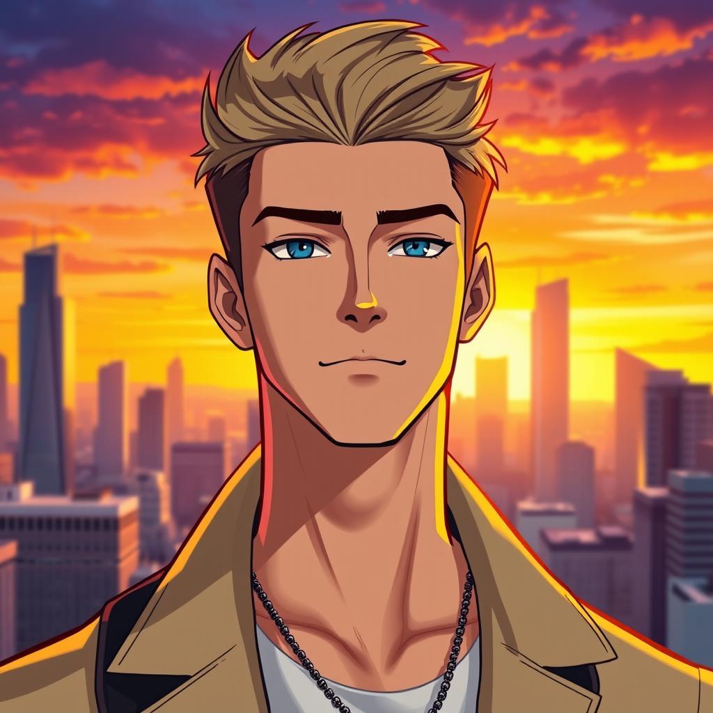 A stylish male character with short, well-groomed hair and a smooth face without any facial hair
