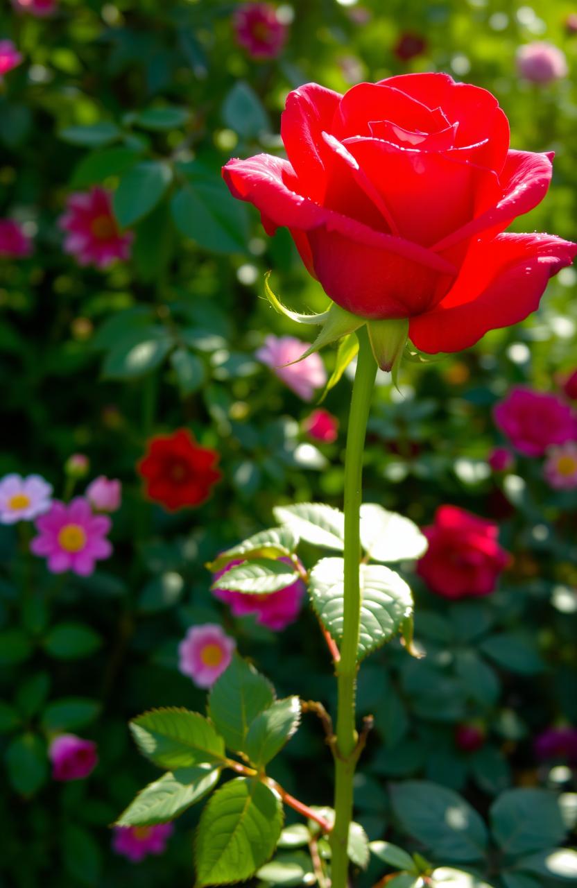 A single beautiful rose with vibrant, deep red petals stands elegantly in a lush garden