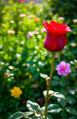 A single beautiful rose with vibrant, deep red petals stands elegantly in a lush garden