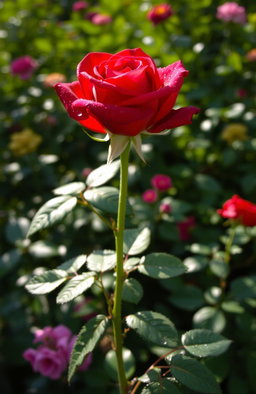 A single beautiful rose with vibrant, deep red petals stands elegantly in a lush garden