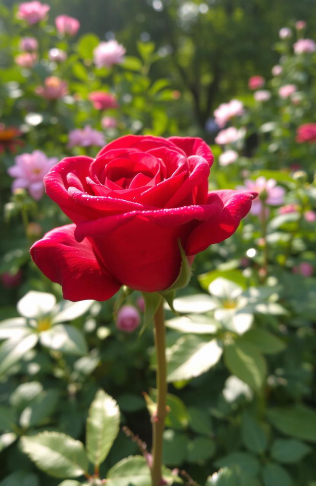 A single beautiful rose with vibrant, deep red petals stands elegantly in a lush garden